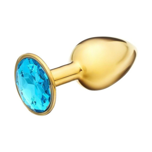 Золотистая анальная пробка с голубым кристаллом - 7 см. фото 2