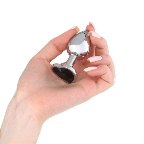 Серебристая анальная пробка с чёрным кристаллом в форме сердца - 7 см. фото 3