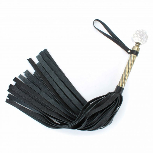 Черная плеть с широкими хлыстами и металлической ручкой с кристаллом - 60 см. фото 3