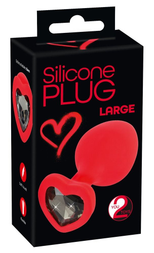 Красная силиконовая анальная пробка с черным стразом-сердечком - 9,3 см. фото 4