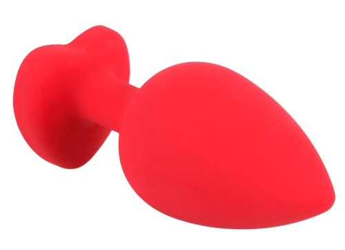 Красная силиконовая анальная пробка с черным стразом-сердечком - 9,3 см. фото 2