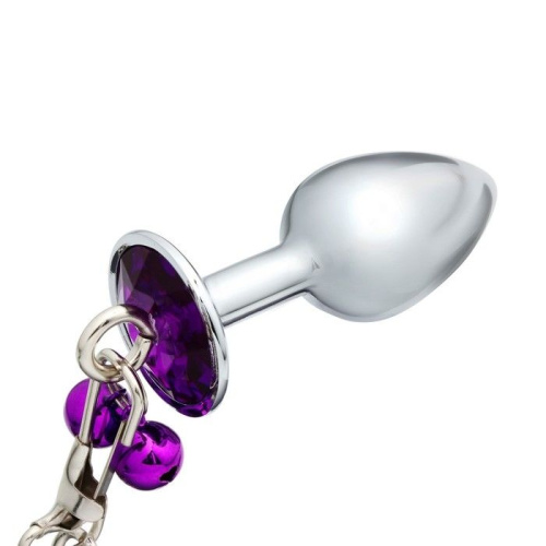 Серебристая анальная пробка с фиолетовым кристаллом, колокольчиками и поводком фото 2