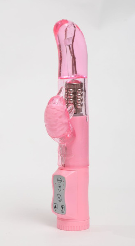 Розовый вибратор с изогнутой головкой и ротацией - 21,5 см. фото 3