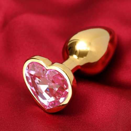 Золотистая анальная пробка с розовым кристаллом в форме сердца - 7 см. фото 2