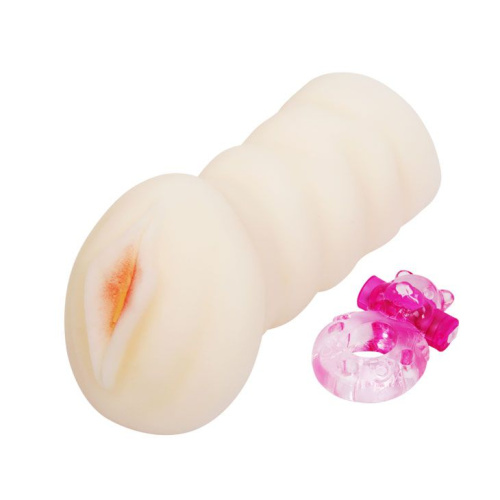 Мастурбатор-вагина с вибрацией от съёмного кольца - 14 см. фото 2
