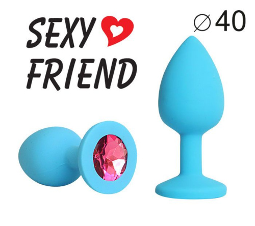 Голубая силиконовая анальная пробка с малиновым кристаллом - 9,5 см. фото 2