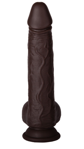 Темнокожий реалистичный вибромассажёр с нагревом, вращением, возвратно-поступательными движениями и пультом ДУ - 22 см. фото 4