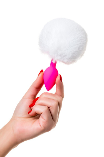 Розовая анальная втулка Sweet bunny с белым пушистым хвостиком фото 7