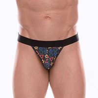 Темно-серые трусы-танга с разноцветным принтом в виде значков Темно-серые трусы-танга с разноцветным принтом в виде значков