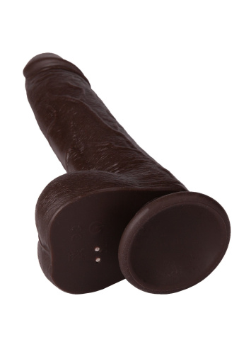 Темнокожий реалистичный вибромассажёр с нагревом, вращением, возвратно-поступательными движениями и пультом ДУ - 22 см. фото 5