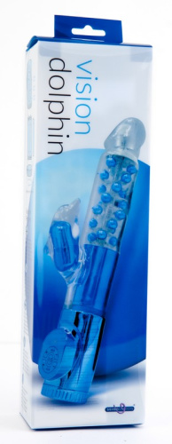 Синий вибратор с клиторальным стимулятором в виде дельфина - 17 см. фото 2