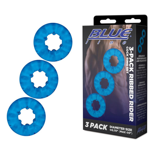 Комплект из трех голубых эрекционных колец 3-Pack Ribbed Rider Cock Ring Set фото 3