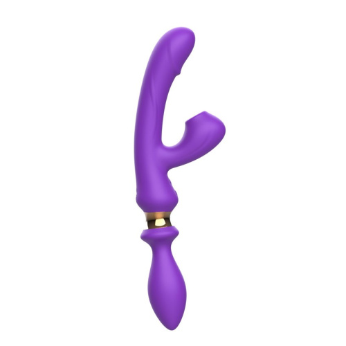Фиолетовый двусторонний вибромассажёр с клиторальным отростком - 30 см. Фиолетовый двусторонний вибромассажёр с клиторальным отростком - 30 см.