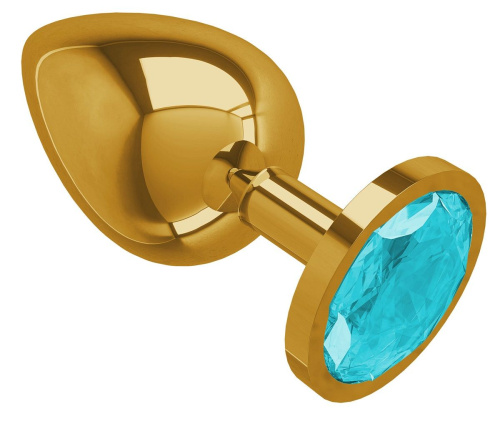 Золотистая большая анальная пробка с голубым кристаллом - 9,5 см. фото 2