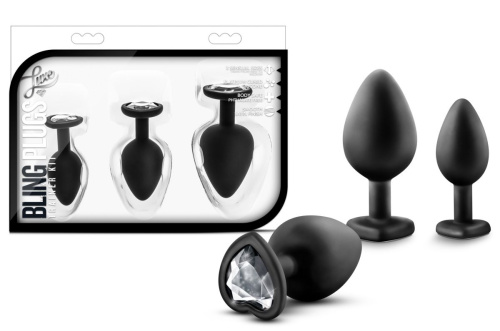 Набор из 3 черных пробок с прозрачным кристаллом-сердечком Bling Plugs Training Kit фото 3