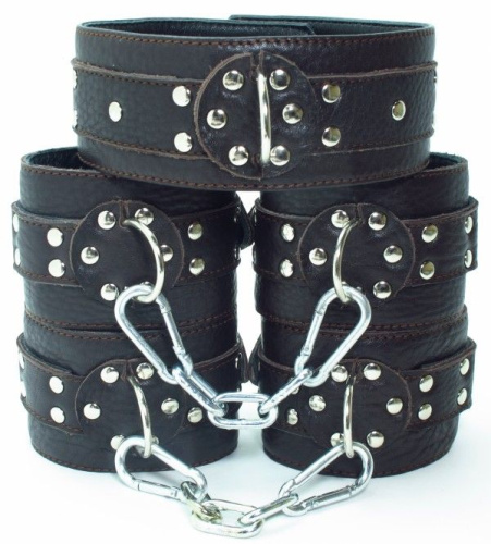Набор коричневых фиксаторов: наручники с мехом, наножники и ошейник фото 2