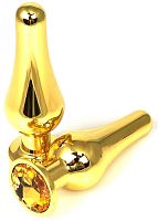 Золотистая удлиненная анальная пробка с оранжевым кристаллом - 11,5 см.