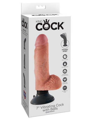 Телесный вибратор с мошонкой и съемной присоской 7  Vibrating Cock with Balls - 17,8 см. фото 4