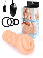 Телесный мастурбатор-вагина с вибропулей и эрекционными кольцами в комплекте
