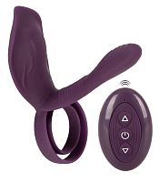 Фиолетовая насадка на член с клиторальным отростком и пультом ДУ RC Couple’s Vibrator 2