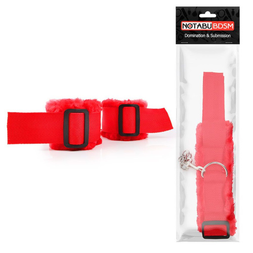 Красные меховые наручники на регулируемых черных пряжках фото 2