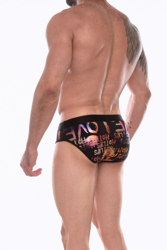 Черные трусы-брифы с блестящим принтом в виде надписей и губ фото 2