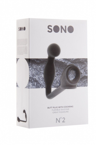 Чёрная анальная пробка с эрекционным кольцом SONO №2 - 11,4 см. фото 2