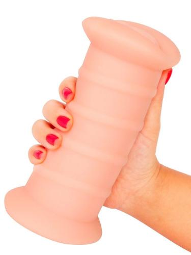 Телесный двусторонний мастурбатор с вибропулей и эрекционными кольцами в комплекте фото 6