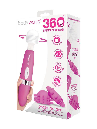 Розовый ротационный жезловый вибратор с двумя насадками 360° Spinning Head Wand Massager Set фото 2