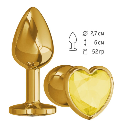 Золотистая анальная втулка с желтым кристаллом-сердечком - 7 см. фото 2