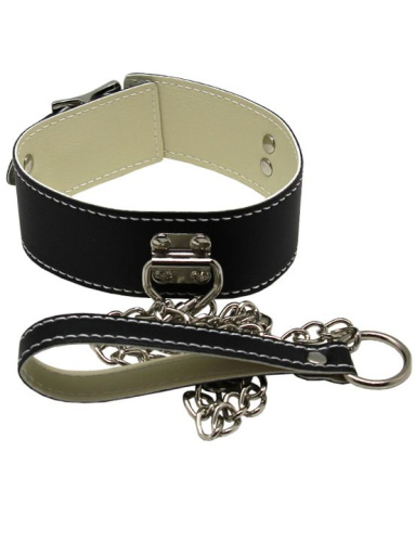 Черный ошейник с металлическим поводком с ручкой фото 5