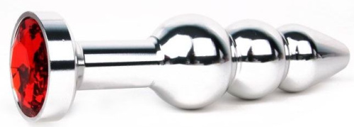 Удлиненная серебристая анальная втулка с красным кристаллом - 11,3 см.