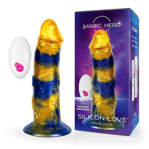 Желто-синий фантазийный вибратор с пультом ДУ - 21,5 см. Желто-синий фантазийный вибратор с пультом ДУ - 21,5 см.