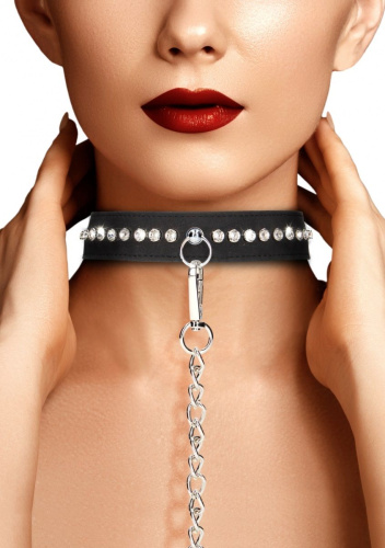 Черный ошейник с поводком Diamond Studded Collar With Leash фото 2