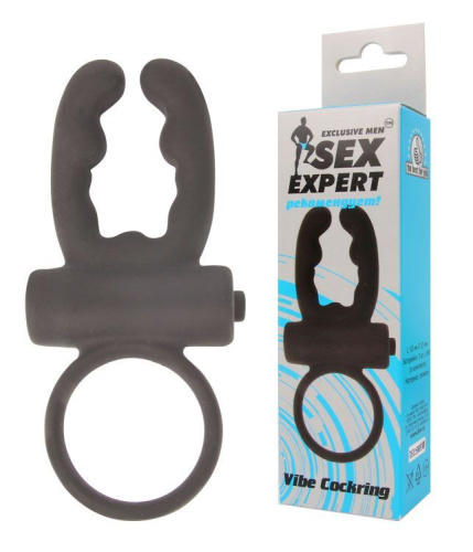 Чёрное эрекционное кольцо с вибрацией и рожками Sex Expert фото 2