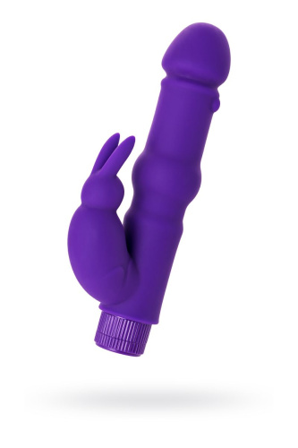 Фиолетовый вибратор с утолщением посередине и клиторальным зайчиком - 18 см. фото 2