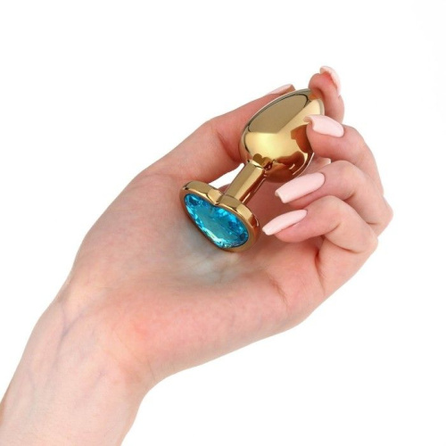Золотистая анальная пробка с голубым кристаллом в форме сердца - 7 см. фото 3