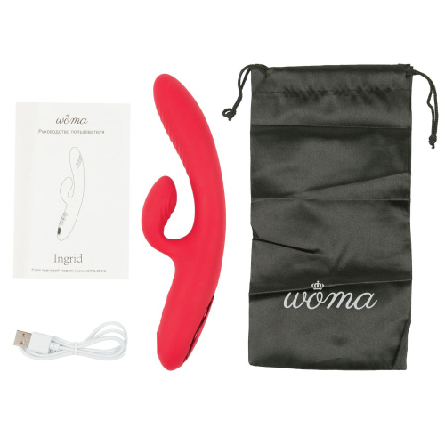 Красный тройной вибратор-кролик Ingrid с вакуумной стимуляцией и нагревом - 22,5 см. фото 3