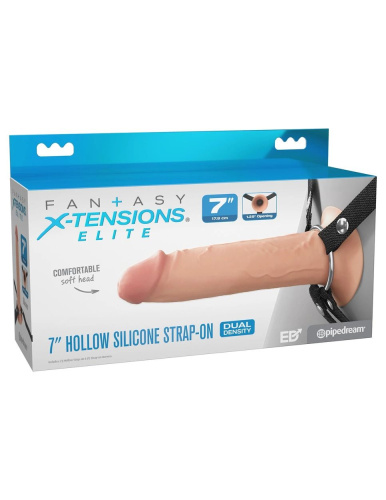 Телесный полый страпон на черных ремнях Hollow Silicone Strap-on - 17,8 см. фото 3