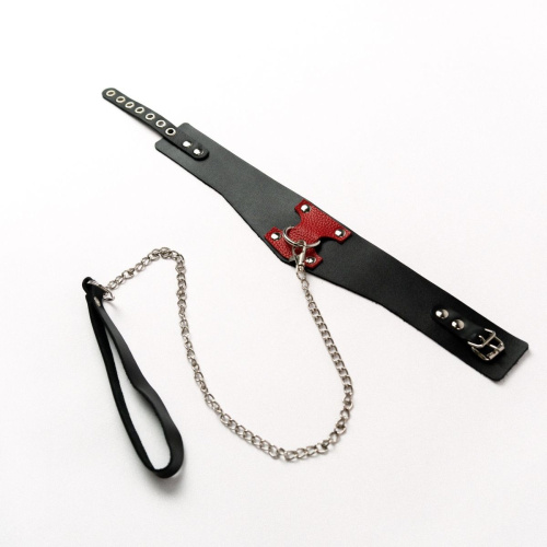 Черный широкий ошейник с красным декором и поводком Черный широкий ошейник с красным декором и поводком