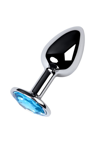 Серебристая конусовидная анальная пробка с голубым кристаллом - 7 см. фото 2