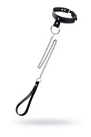 Черный узкий однослойный ошейник с серебристым поводком-цепочкой