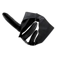 Чёрный латексный страпон с вагинальной и анальной пробками SLIP WITH STRAP ON IN LATEX 2 FOR ME 1 FOR YOU - 14 см.