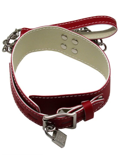 Красный ошейник с металлическим поводком и замочком фото 5