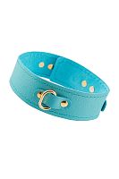 Голубой кожаный однослойный ошейник с прошивкой