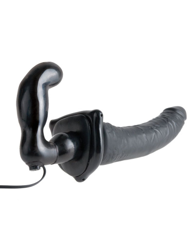 Черный страпон с вагинальной пробкой Deluxe Vibrating Penetrix Strap-On - 19 см. фото 2