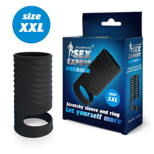 Черная открытая насадка на пенис с кольцом для мошонки XXL-size - 9,4 см. фото 2