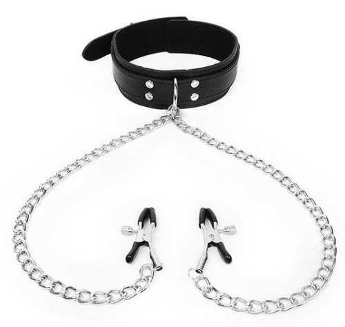 Черный ошейник с зажимами на соски на цепочке Черный ошейник с зажимами на соски на цепочке