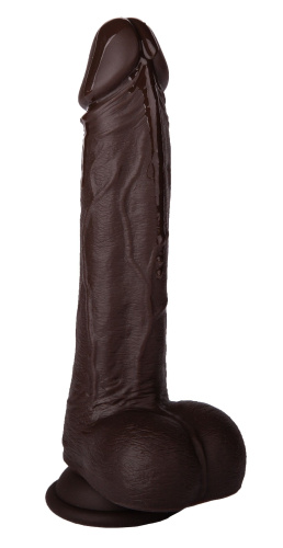 Темнокожий реалистичный вибромассажёр с нагревом, вращением, возвратно-поступательными движениями и пультом ДУ - 22 см. фото 6