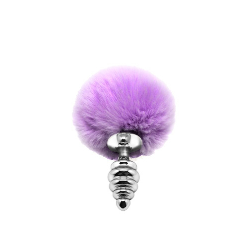 Серебристая анальная пробка с сиреневым помпоном Metal Anal Fluffly Twist Plug S фото 2